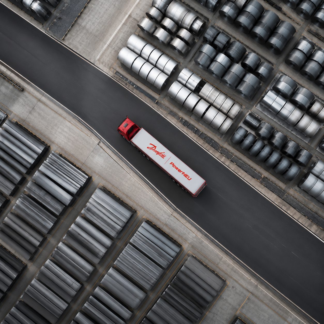 Danfoss PowerNEU branded truck transporting steel coils through a storage yard