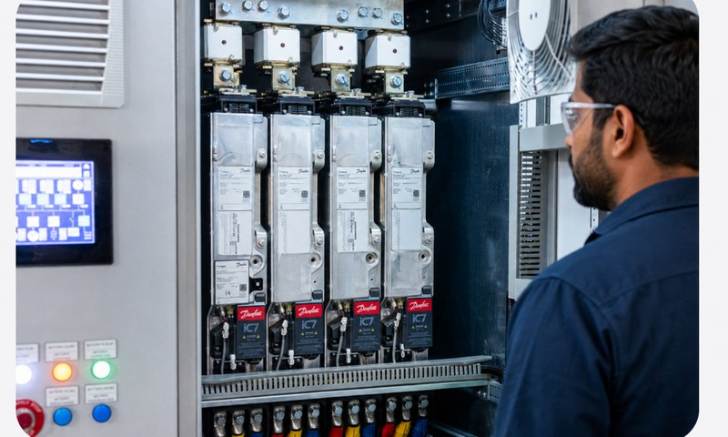 Engineer inspecting an open Danfoss iC7 drive control panel