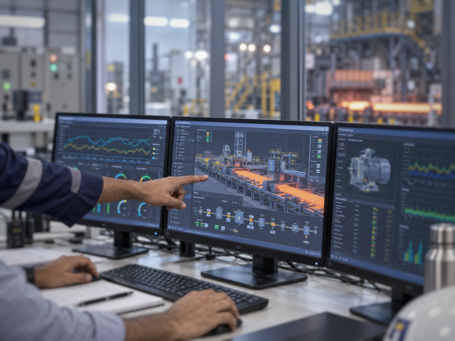 Engineer monitoring digital dashboards and plant diagnostics in a steel mill control room