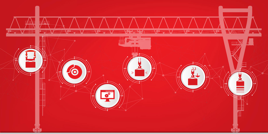 Connected hoist and crane electrification icons: brake, load monitoring, hook and lifting controls